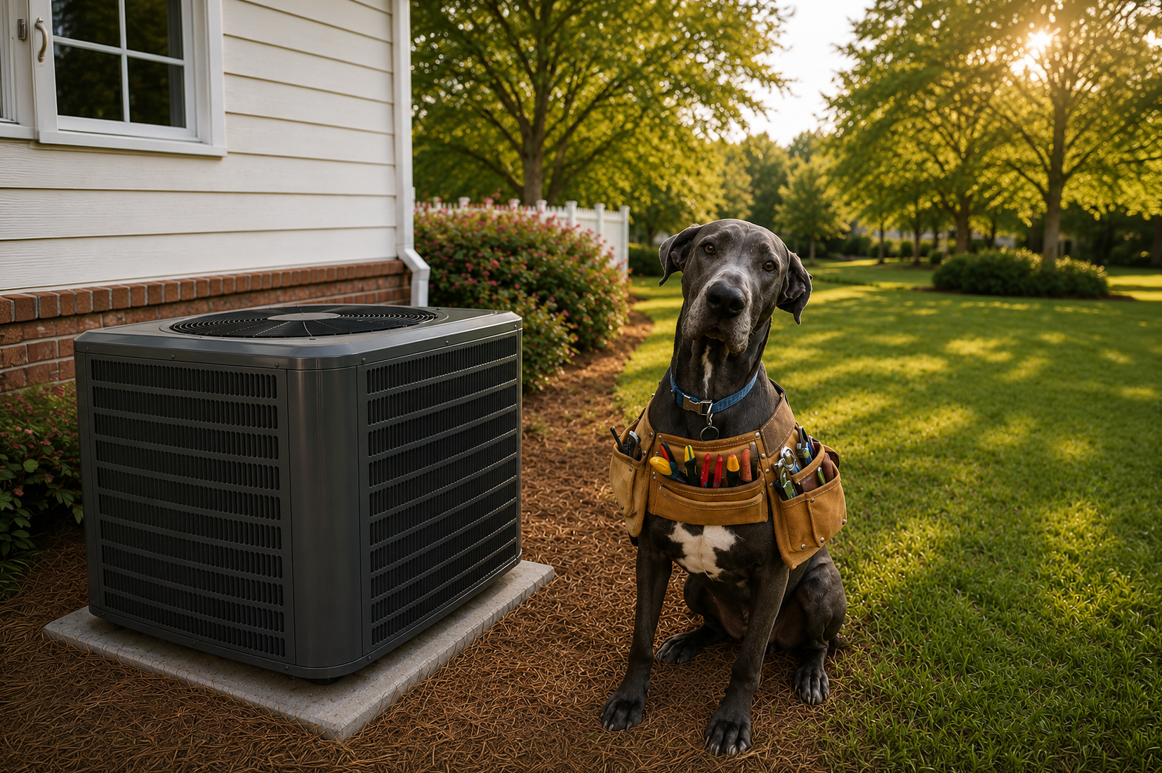 HVAC Company Mobile AL - Goodman air conditioner with Maggie the Great Dane at Magnolia Air Solutions